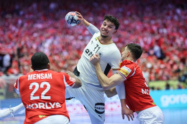 Denmark v Germany - Men s EHF EURO 2026 Final Marko Grgic of Germany in action against Mads Hoxer of Denmark during the Men s EHF EURO 2026 Final match between Denmark and Germany at Jyske Bank Boxen on February 1, 2026 in Herning, Denmark.  SanjinxStrukic PIXSELL