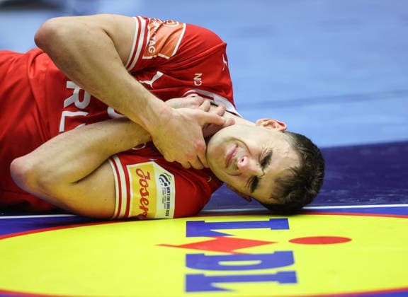 Denmark v Germany - Men s EHF EURO 2026 Final Mads Hoxer of Denmark lies injured on court during the Men s EHF EURO 2026 Final match between Denmark and Germany at Jyske Bank Boxen on February 1, 2026 in Herning, Denmark.  SanjinxStrukic PIXSELL