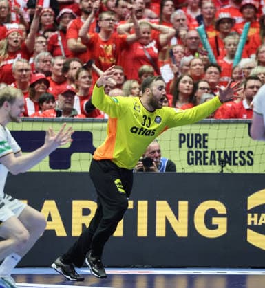 Denmark v Germany - Men s EHF EURO 2026 Final Andreas Wolff of Germany celebrate after saving a goal during the Men s EHF EURO 2026 Final match between Denmark and Germany at Jyske Bank Boxen on February 1, 2026 in Herning, Denmark.  SanjinxStrukic PIXSELL