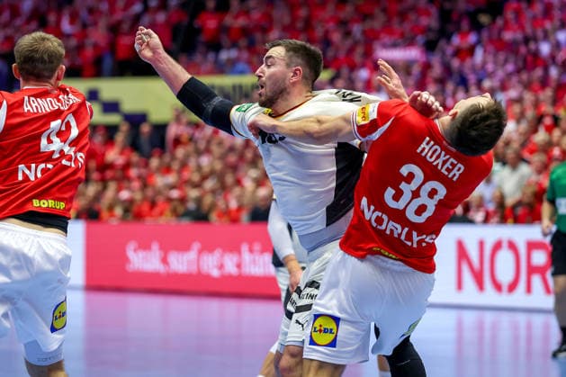 01 02 2026, Handball, Men s EHF EURO 2026, Germany Denmark, Jyske Bank Boxen in Herning, Final Red card after foul on Mads Hoxer Hangaard Denmark 38 for Jannik Kohlbacher Germany 80 Denmark