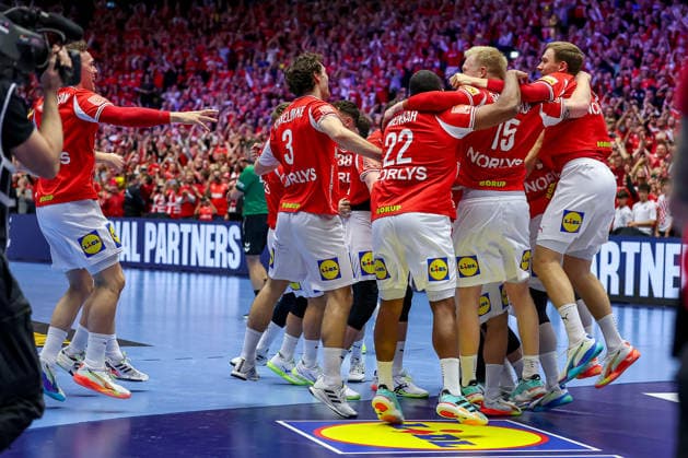 01 02 2026, Handball, Men s EHF EURO 2026, Germany Denmark, Jyske Bank Boxing in Herning, Final Denmark is European Champion The team celebrates the victory cheering on the pitch xxxxxxxxxxxxxxx Denmark
