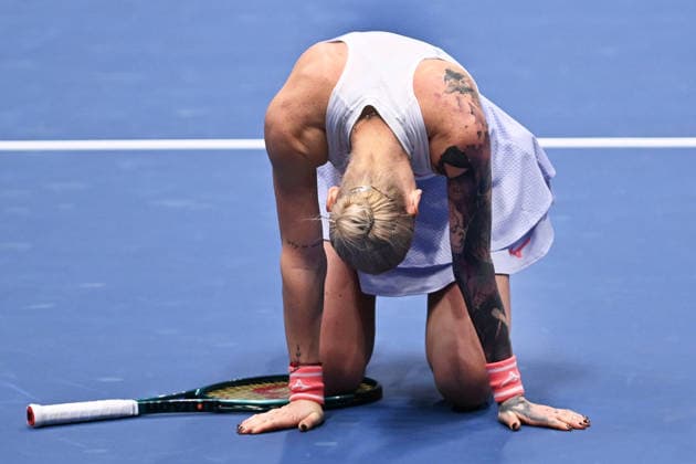 Tereza Martincova of Czech Republic reacts after winning the match against Dalma Galfi of Hungary at the WTA, Tennis Damen women s tennis tournament Ostrava Open on February 1, 2026, in Ostrava, Czech Republic. (CTKxPhoto JaroslavxOzana) CTKPhotoP2026020105694  CTKPhotoP2026020105694