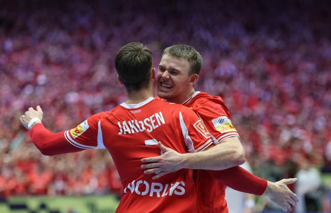 Denmark v Germany - Men s EHF EURO 2026 Final Emil Jakobsen and Thomas Arnoldsen of Denmark celebrate after the Men s EHF EURO 2026 Final match between Denmark and Germany at Jyske Bank Boxen on February 1, 2026 in Herning, Denmark.  SanjinxStrukic PIXSELL
