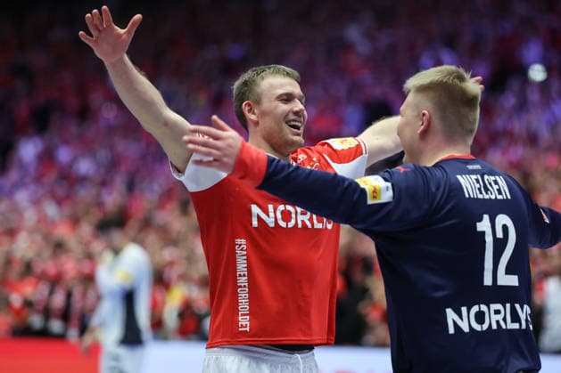 Denmark v Germany - Men s EHF EURO 2026 Final Thomas Arnoldsen and Emil Nielsen of Denmark celebrate after the Men s EHF EURO 2026 Final match between Denmark and Germany at Jyske Bank Boxen on February 1, 2026 in Herning, Denmark.  SanjinxStrukic PIXSELL