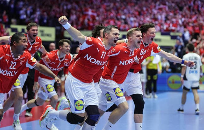 Denmark v Germany - Men s EHF EURO 2026 Final Mads Mensah, Rasmus Lauge, Johan Hansen and Lasse Moller of Denmark celebrate after the Men s EHF EURO 2026 Final match between Denmark and Germany at Jyske Bank Boxen on February 1, 2026 in Herning, Denmark.  SanjinxStrukic PIXSELL