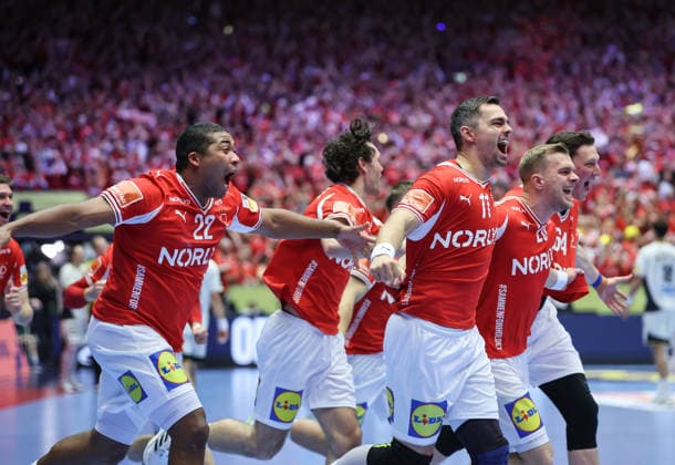 Denmark v Germany - Men s EHF EURO 2026 Final Mads Mensah, Rasmus Lauge, Johan Hansen and Lasse Moller of Denmark celebrate after the Men s EHF EURO 2026 Final match between Denmark and Germany at Jyske Bank Boxen on February 1, 2026 in Herning, Denmark.  SanjinxStrukic PIXSELL