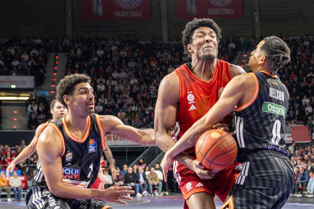Tobias Jensen 7 Ratiopharm Ulm , David McCormack 33 FC Bayern Basketball , Nelson Weidemann 0 Ratiopharm Ulm , FC Bayern Basketball vs Ratiopharm Ulm, BBL, 18 Matchday, 01 02 2026 Munich Bavaria Germany Copyright: xkolbert-press UlrichxGamelx