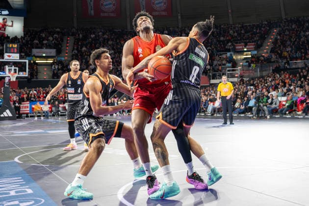 Tobias Jensen 7 Ratiopharm Ulm , David McCormack 33 FC Bayern Basketball , Nelson Weidemann 0 Ratiopharm Ulm , FC Bayern Basketball vs Ratiopharm Ulm, BBL, 18 Matchday, 01 02 2026 Munich Bavaria Germany Copyright: xkolbert-press UlrichxGamelx