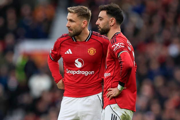 Manchester United, ManU v Fulham, Premier League Luke Shaw (23) and Bruno Fernandes (8) of Manchester United assess their free kick options during the Premier League match between Manchester United and Fulham at Old Trafford, Manchester, UK on 1 February 2026. Manchester Old Trafford Greater Manchester UK Editorial use only DataCo restrictions apply See www.football-dataco.com , Copyright: xConorxMolloyx PSI-23668-0180