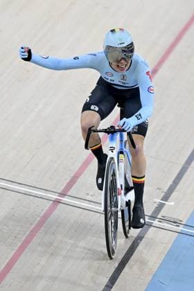Belgian Helene Hesters celebrates after winning the women s Scratch race at the first day of the 2026 UEC Track Elite European Championships, in Konya, Turkey, Sunday 01 February 2026. The European Championships take place from 01 to 05 February 2026. DIRKxWAEM  x160286504x