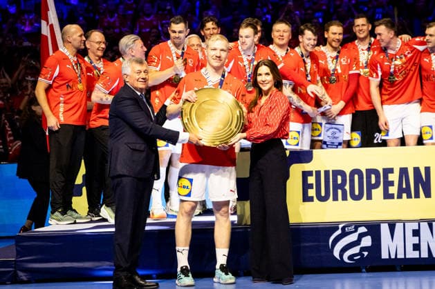 HERNING, DENMARK - FEBRUARY 1: Gold team Denmark, Magnus Saugstruo (Denmark, 15) during the EHF EURO 2026 Final match between Denmark vs Germany at Jyske Bank Boxen Arena on February 1, 2026 in Herning, Denmark. Midtjylland Denmark Copyright: xMarioxM.xKobergx