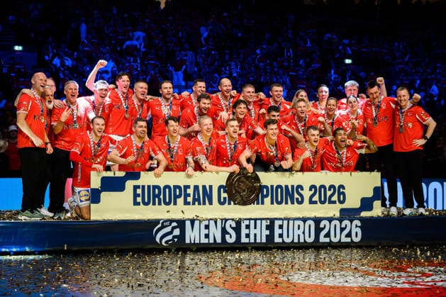 Herning Handball EM 2026 Final Denmark Germany the team of Denmark, European champion, final cheer final cheer emotion joy Herning Jyske Bank Boxing Denmark