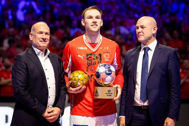 HERNING, DENMARK - FEBRUARY 1: Top Scorer Mathias Gidsel (Denmark, 19) during the EHF EURO 2026 Final match between Denmark vs Germany at Jyske Bank Boxen Arena on February 1, 2026 in Herning, Denmark. Midtjylland Denmark Copyright: xMarioxM.xKobergx