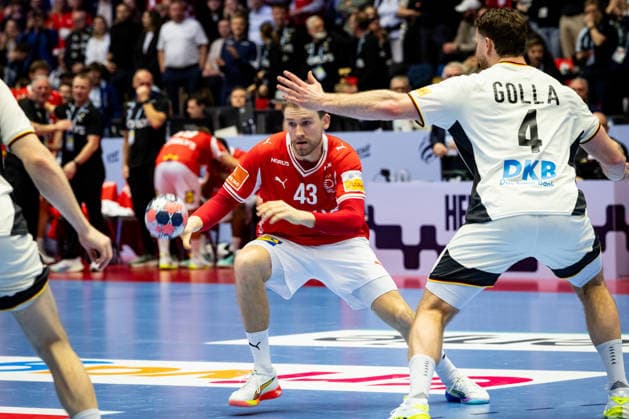 HERNING, DENMARK - FEBRUARY 1: Simon Pytlick (Denmark, 43) against Johannes Golla (Germany, 04) during the EHF EURO 2026 Final match between Denmark vs Germany at Jyske Bank Boxen Arena on February 1, 2026 in Herning, Denmark. Midtjylland Denmark Copyright: xMarioxM.xKobergx
