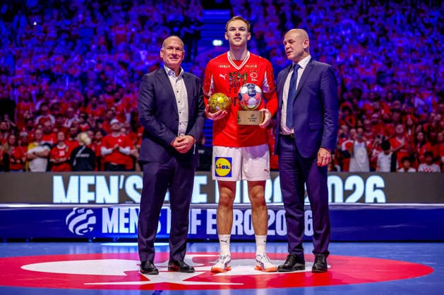 01 02 2026, Handball, Men s EHF EURO 2026, Germany Denmark, Jyske Bank Boxing in Herning Mathias Gidsel Denmark 19 Honor Award All Stars Team of Euro2026 Most Valuable Player MVP Denmark