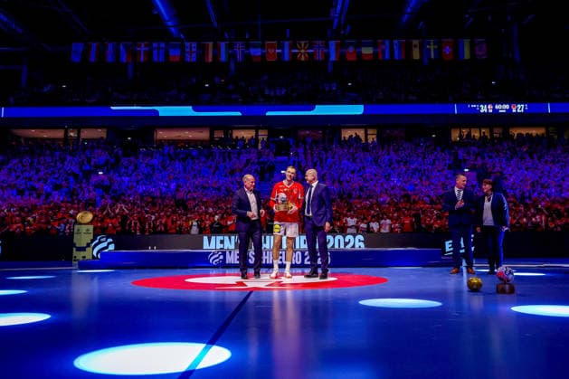 01 02 2026, Handball, Men s EHF EURO 2026, Germany Denmark, Jyske Bank Boxing in Herning Mathias Gidsel Denmark 19 Honor Award All Stars Team of Euro2026 Most Valuable Player MVP Denmark