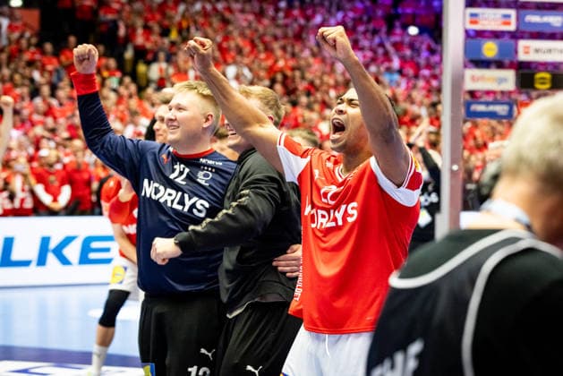 HERNING, DENMARK - FEBRUARY 1: celebration after victory team Denmark, Mads Mensah Larsen (Denmark, 22), Emil Nielsen (Denmark, 12) during the EHF EURO 2026 Final match between Denmark vs Germany at Jyske Bank Boxen Arena on February 1, 2026 in Herning, Denmark. Midtjylland Denmark Copyright: xMarioxM.xKobergx