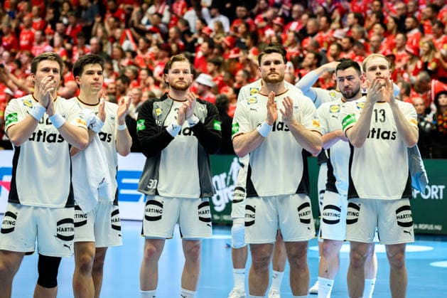 Herning European Handball Championship 2026 Final Denmark Germany Franz Semper Germany , Renars Uscins Germany , Tom Kiesler Germany , Johannes Golla Germany , Matthes Langhoff Germany dissatisfied disappointed disappointed dejected frustrated, Herning Jyske Bank Boxing Denmark