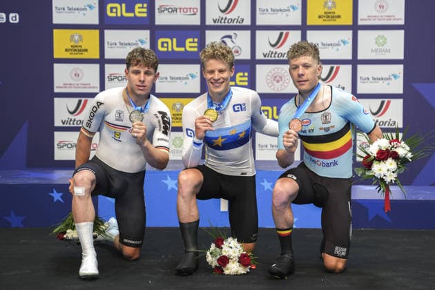 2026 UEC European Track cycling, Rad, Radsport, Bahnrad, Bahn Championships in Konya KONYA, TURKIYE - FEBRUARY 1: Danish athlete Aagaard Tobias Hanse (C) came in first, German athlete Tim TornTuetenberg (L) came in second, and Belgian athlete Jules Hesters (R) came in third are seen after competing Men s elimination race final during 2026 UEC Track Cycling European Championships in Konya, Turkiye on February 1, 2026. Dilara Irem Sancar Anadolu Konya Turkey. Editorial use only. Please get in touch for any other usage.  Copyright: x2026xAnadoluxDilaraxIremxSancarx