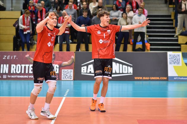 Joy, Cheering, Aurel Sprenger TV Rottenburg, 17 , Dominik Marjanovic TV Rottenburg, 01 TV Rottenburg vs VC Juniors Frankfurt, Volleyball, 2 Bundesliga Sued, 17 Matchday, Match 5676, Season 2025 2026, 01 02 2026, TV Rottenburg vs VC Juniors Frankfurt, Volleyball, 2 Bundesliga Sued, 17 Matchday, Match 5676, Season 2025 2026, 01 02 2026 Rottenburg Copyright: xEibner-Pressefoto RalphxKunzex EP_RKE