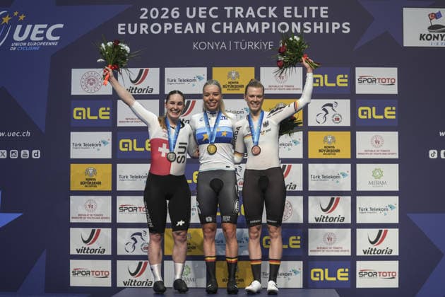 2026 UEC European Track cycling, Rad, Radsport, Bahnrad, Bahn Championships in Konya KONYA, TURKIYE - FEBRUARY 1: Belgian athlete Helene Hesters (C) finished first, Swiss athlete Aline Seitz finished second (L), and German athlete Lena Charlotte Reissner (R) finished third after competing in the scratch race during the 2026 UEC Track Cycling European Championships in Konya, Türkiye, on February 1, 2026. Dilara Irem Sancar Anadolu Konya Turkey. Editorial use only. Please get in touch for any other usage. Copyright: x2026xAnadoluxDilaraxIremxSancarx