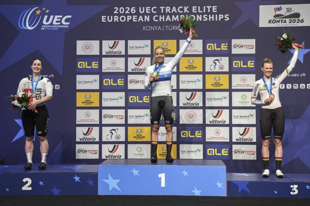 2026 UEC European Track cycling, Rad, Radsport, Bahnrad, Bahn Championships in Konya KONYA, TURKIYE - FEBRUARY 1: Belgian athlete Helene Hesters (C) finished first, Swiss athlete Aline Seitz finished second (L), and German athlete Lena Charlotte Reissner (R) finished third after competing in the scratch race during the 2026 UEC Track Cycling European Championships in Konya, Türkiye, on February 1, 2026. Dilara Irem Sancar Anadolu Konya Turkey. Editorial use only. Please get in touch for any other usage. Copyright: x2026xAnadoluxDilaraxIremxSancarx