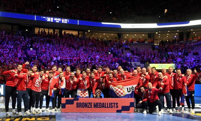 Herning, Denmark, 010226. Jyske Bank Boxen Hall. Medal ceremony at the European Handball Championship, where Croatia won 3rd place and the bronze medal. In the photo: Croatian players. Photo: Ante Cizmic CROPIX Hrvatska Copyright: xxAntexCizmicx medalje_rukomet11-010226