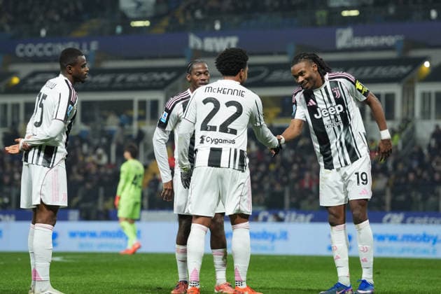 Juventus™ Weston McKennie celebrates with Juventus Khephren Thuram after scoring the 0-2 goal for his team during the Serie A soccer match between Parma and Juventus at Ennio Tardini Stadium in Parma, North Italy, Sunday, February 1, 2026. Soccer  Copyright: xMassimoxPaolone LaPressex