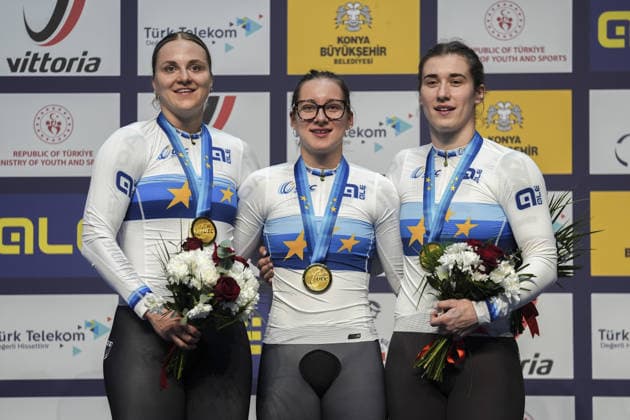 2026 UEC European Track cycling, Rad, Radsport, Bahnrad, Bahn Championships in Konya KONYA, TURKIYE - FEBRUARY 1: Team Germany poses with gold medal after competing women s team sprint race during 2026 UEC Track Cycling European Championships in Konya, Turkiye on February 1, 2026. Dilara Irem Sancar Anadolu Konya Turkey. Editorial use only. Please get in touch for any other usage.  Copyright: x2026xAnadoluxDilaraxIremxSancarx