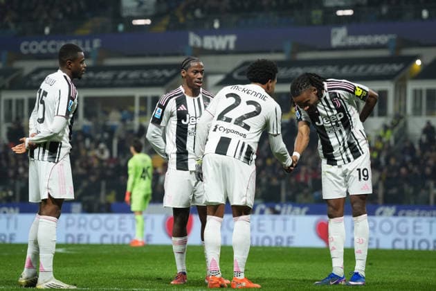 Juventus™ Weston McKennie celebrates with Juventus Khephren Thuram after scoring the 0-2 goal for his team during the Serie A soccer match between Parma and Juventus at Ennio Tardini Stadium in Parma, North Italy, Sunday, February 1, 2026. Soccer  Copyright: xMassimoxPaolone LaPressex