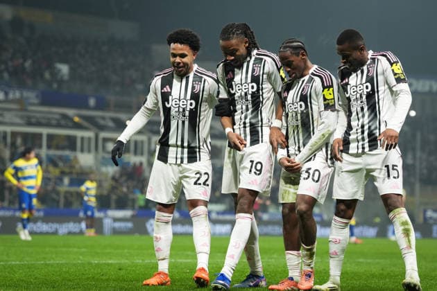 Juventus™ Jonathan David celebrates after scoring the 1-4 goal for his team during the Serie A soccer match between Parma and Juventus at Ennio Tardini Stadium in Parma, North Italy, Sunday, February 1, 2026. Soccer  Copyright: xMassimoxPaolone LaPressex
