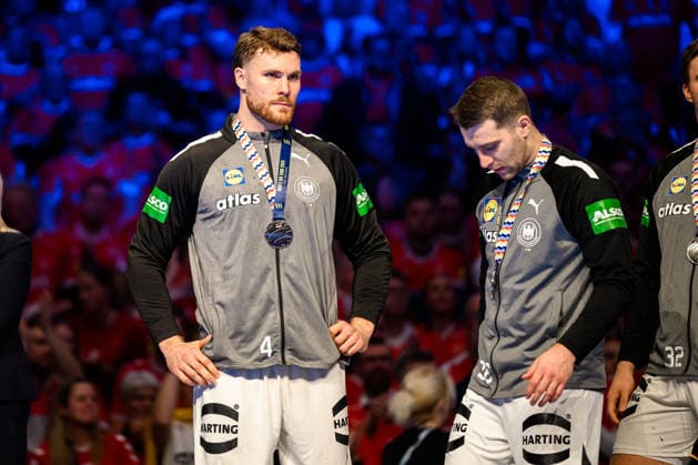 Herning Handball EM 2026 Final Denmark Germany Johannes Golla Germany , Lukas Mertens Germany dissatisfied disappointed dejected frustrated, Herning Jyske Bank Boxing Denmark