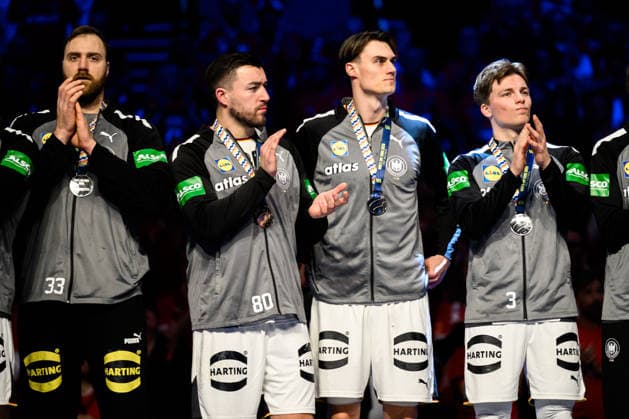 Herning Handball EM 2026 Final Denmark Germany from left Goalkeeper Andreas Wolff Germany , Jannik Kohlbacher Germany , Miro Schluroff Germany , Nils Lichtlein Germany Herning Jyske Bank Boxing Denmark