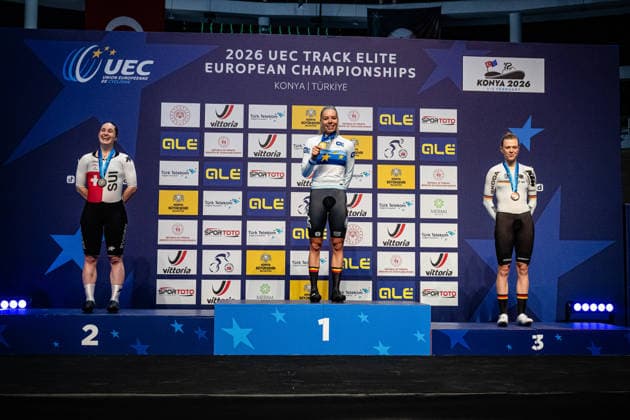 SEITZ Aline, HESTERS Helene, REIßNER Lena Charlotte UEC Track Cycling European Championships Konya 2026 SEITZ Aline SUI Switzerland Second Place HESTERS Helene BEL Belgium Winner First Place REIßNER Lena Charlotte GER Germany Third Place Award Ceremony Medal Ceremony Podium Landscape horizontal Landscape Event Event UEC Track Cycling European Championships 2026 Category Category Cycling Track Cycling European Championships Location Location Asia Turkey Konya Discipline Scratch Category Elite Women Distance 10 km Date Date 01 02 2026 Sunday Day 1