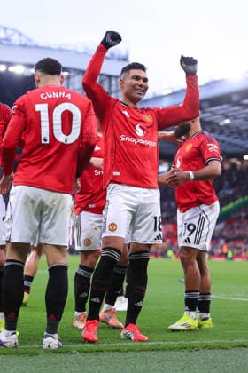 Fußball Premier League Manchester United gegen Fulham 1. Februar 2026 Premier League Manchester United gegen Fulham Casemiro von Manchester United jubelt Foto Simon Stacpoole Abseits Manchester UK  Copyright: xSimonxStacpoolexOffside