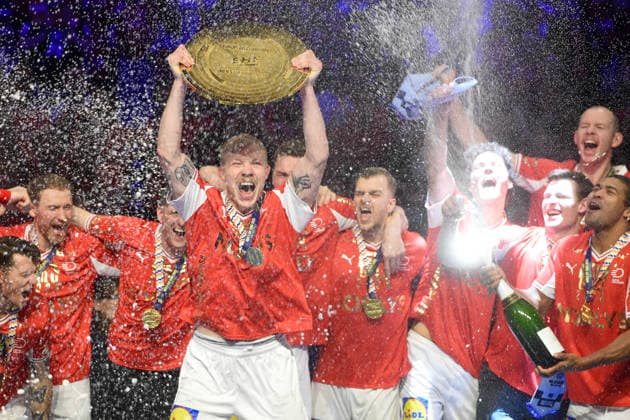Handball I Men I European Championship 2026 I Final I Denmark Germany I 01 02 2026 Magnus Saugstrup 15, Denmark , title, championship trophy, award ceremony, Danish team Copyright: xLobeca JanxKirschnerx