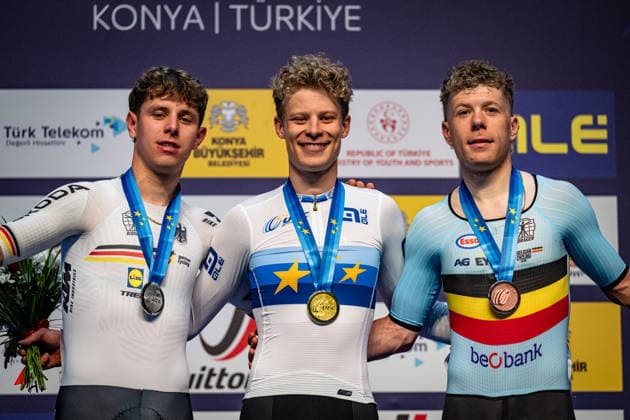 TEUTENBERG Tim Torn, HANSEN Aagaard Tobias, HESTERS Jules UEC Track Cycling European Championships Konya 2026 TEUTENBERG Tim Torn GER Germany Second Place HANSEN Aagaard Tobias DEN Denmark Winner First Place HESTERS Jules BEL Belgium Third Place Award Ceremony Medal Ceremony Podium Landscape horizontal Landscape Event Event UEC Track Cycling European Championships 2026 Category Category Cycling Track Cycling European Championships Location Location Asia Turkey Konya Discipline Elimination Race Category Elite Men Distance m Date Date 01 02 2026 Sunday Day 1