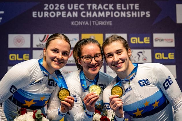FRIEDRICH Lea Sophie, SCHNEIDER Clara, GRABOSCH Pauline Sophie UEC Track Cycling European Championships Konya 2026 FRIEDRICH Lea Sophie SCHNEIDER Clara GRABOSCH Pauline Sophie GER Germany Winner First Place Award Ceremony Medal Ceremony Podium Landscape horizontal Landscape Event Event UEC Track Cycling European Championships 2026 Category Category Cycling Track Cycling European Championships Location Location Asia Turkey Konya Discipline Team Sprint Category Elite Women Distance m Date Date 01 02 2026 Sunday Day 1