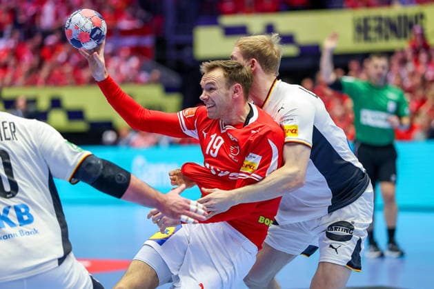 01 02 2026, Handball, Men s EHF EURO 2026, Germany Denmark, Jyske Bank Boxing in Herning, Final Mathias Gidsel Denmark 19 in duel against Matthes Langhoff Germany 13 Denmark