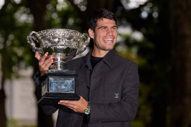 February 2, 2026: 1st seed CARLOS ALCARAZ of Spain poses with the The Norman Brookes Challenge Cup at a photocall at the Royal Exhibtion Building gardens after defeating 4th seed NOVAK DJOKOVIC in the Men s Singles Final of the 2026 Australian Open in Melbourne, Australia. Cal Media Melbourne Australia - ZUMAc04_ 20260202_faf_c04_006 Copyright: xSydneyxLowx