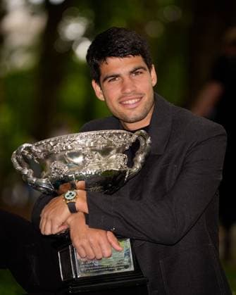 February 2, 2026: 1st seed CARLOS ALCARAZ of Spain poses with the The Norman Brookes Challenge Cup at a photocall at the Royal Exhibtion Building gardens after defeating 4th seed NOVAK DJOKOVIC in the Men s Singles Final of the 2026 Australian Open in Melbourne, Australia. Cal Media Melbourne Australia - ZUMAc04_ 20260202_faf_c04_013 Copyright: xSydneyxLowx