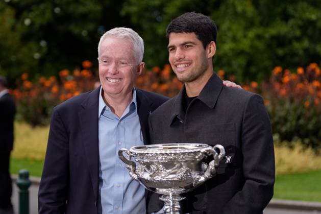 February 2, 2026: 1st seed CARLOS ALCARAZ of Spain and the CEO of Tennis Australia Craig Tiley at a photocall at the Royal Exhibtion Building gardens after defeating 4th seed NOVAK DJOKOVIC in the Men s Singles Final of the 2026 Australian Open in Melbourne, Australia. Cal Media Melbourne Australia - ZUMAc04_ 20260202_faf_c04_019 Copyright: xSydneyxLowx
