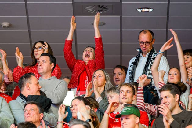 Herning European Handball Championship 2026 Final Denmark Germany from left Queen Mary Elizabeth of Denmark, Prime Minister Mette Frederiksen, Chancellor Friedrich Merz Herning Jyske Bank Boxing Denmark