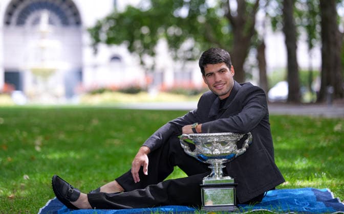 2026 Australian Open Carlos Alcaraz ESP celebrate his win at a photo shoot at the Royal Exhibition Building