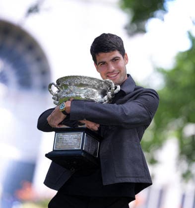 2026 Australian Open Carlos Alcaraz ESP celebrate his win at a photo shoot at the Royal Exhibition Building