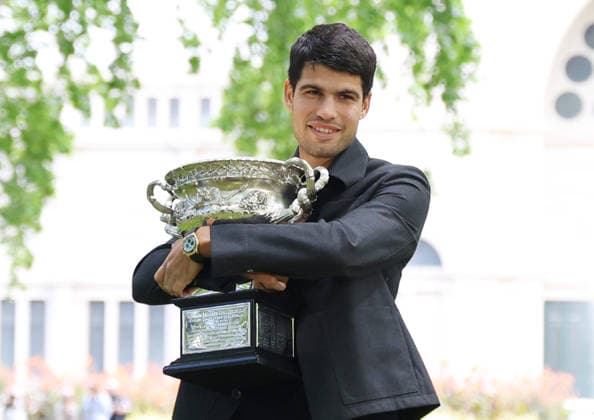 February 2, 2026, Melbourne, Victoria, Australia: CARLOS ALCARAZ of Spain during the photo session with trophy after winning the final of Australian Open, Melbourne, Australia. Melbourne Australia - ZUMAc278 20260202_zsp_c278_008 Copyright: xMarcinxCholewinskix