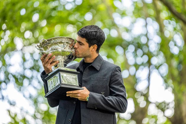 (260202) -- MELBOURNE, Feb. 2, 2026 -- Carlos Alcaraz of Spain poses with the Norman Brookes Challenge Cup during the 2026 Australian Open men s champion media opportunity at the Royal Exhibition Building in Melbourne, Australia, Feb. 2, 2026. (Photo by Xinhua) (SP)AUSTRALIA-MELBOURNE-TENNIS-AUSTRALIAN OPEN-TROPHY-ALCARAZ HuxJingchen 