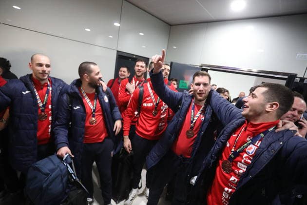 Velika Gorica, Croatia, 020226. Welcome of the Croatian handball team after winning bronze at the European Championship, EM, Europameisterschaft In the photo: Mario Sostaric, Tin Lucin. Photo: Ranko Suvar CROPIX Hrvatska Copyright: xxRankoxSuvarx rukometasi_docek13-020226