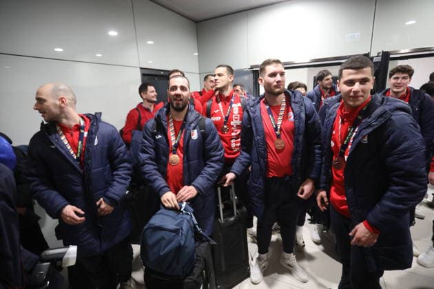 Velika Gorica, Croatia, 020226. Welcome of the Croatian handball team after winning bronze at the European Championship, EM, Europameisterschaft In the photo: Mario Sostaric, Tin Lucin. Photo: Ranko Suvar CROPIX Hrvatska Copyright: xxRankoxSuvarx rukometasi_docek15-020226