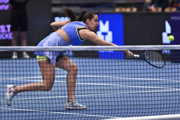 Oceane Dodin of France returns a ball to Diane Parry of France during the WTA, Tennis Damen women s tennis tournament Ostrava Open match on February 2, 2026, in Ostrava, Czech Republic. (CTKxPhoto JaroslavxOzana) CTKPhotoP2026020203857  CTKPhotoP2026020203857